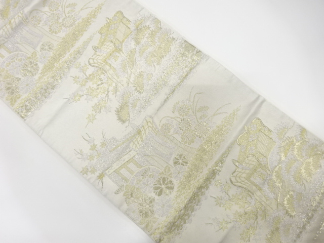 JAPANESE KIMONO / ANTIQUE FUKURO OBI / WOVEN CARRIAGE & FLOWER